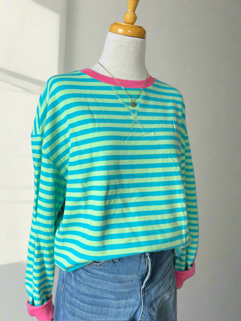 Arden Oversized Striped Spring Sweatshirt - Green-Sweatshirt-Carolyn Jane's Jewelry