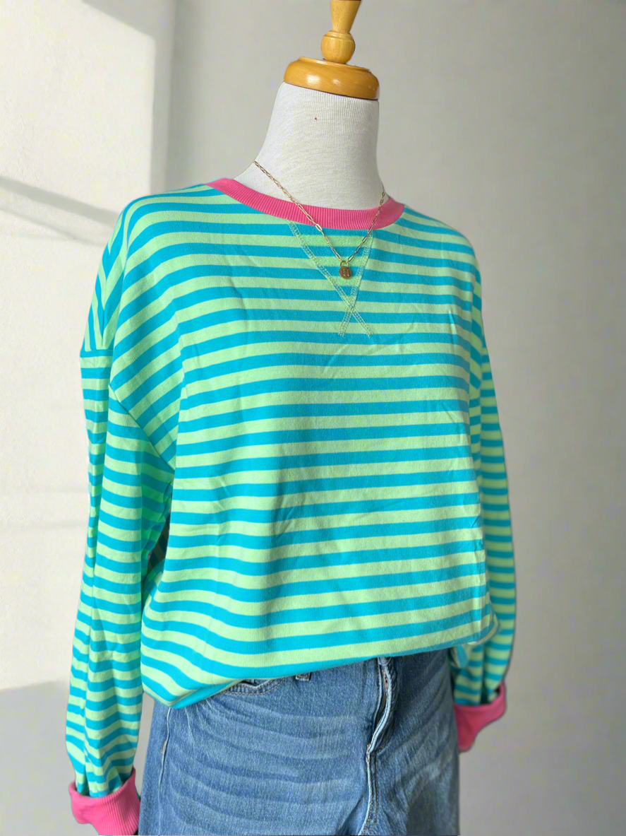 Arden Oversized Striped Spring Sweatshirt - Green-Sweatshirt-Carolyn Jane's Jewelry