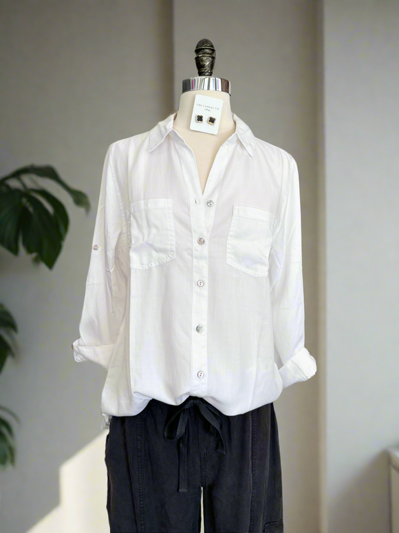 Ashley Button Front Frayed Tencil Shirt - White-Top-Carolyn Jane's Jewelry