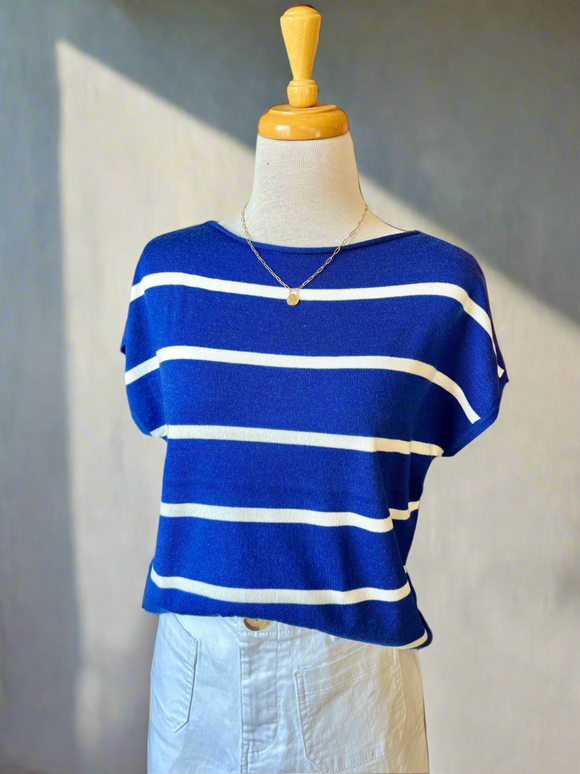 Bailey Short Sleeve Pullover Stripe Sweater - Royal-top-Carolyn Jane's Jewelry