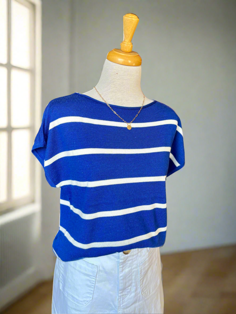 Bailey Short Sleeve Pullover Stripe Sweater - Royal-top-Carolyn Jane's Jewelry