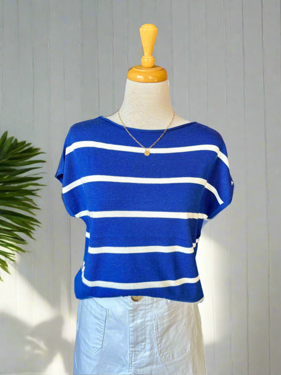 Bailey Short Sleeve Pullover Stripe Sweater - Royal-top-Carolyn Jane's Jewelry