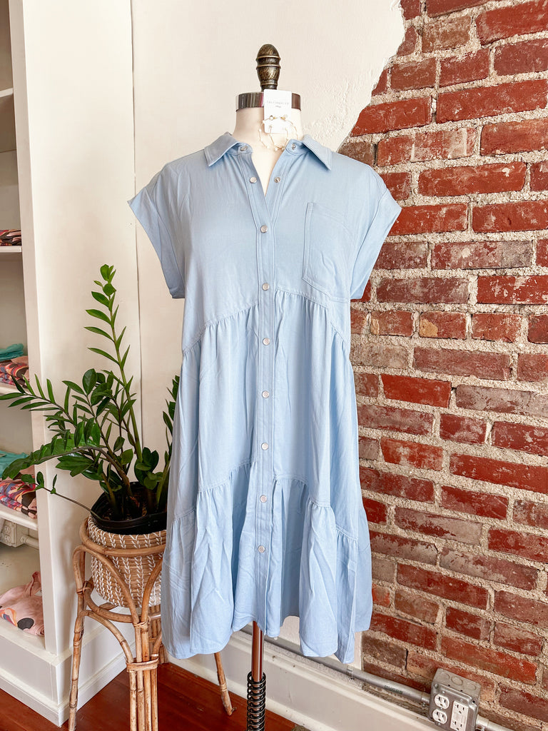 Blair Tiered Button Up Dress - Light Denim Blue-Dress-Carolyn Jane's Jewelry