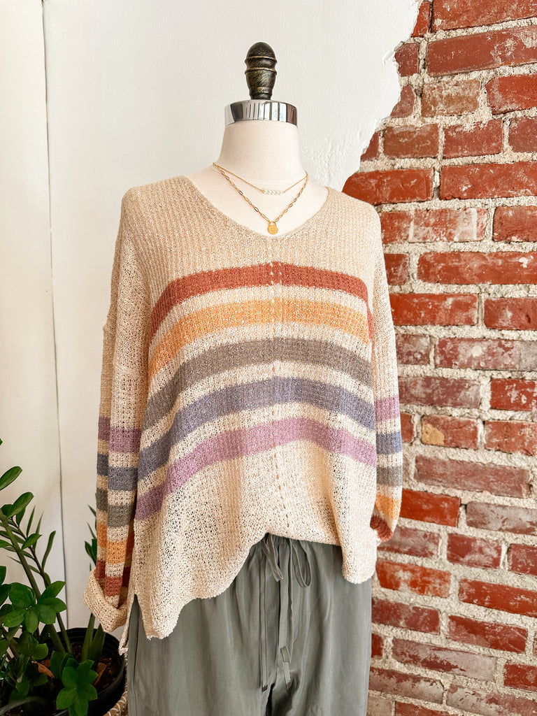 Breezy Rainbow Knit V-Neck Sweater - Natural-Pullover Sweater-Carolyn Jane's Jewelry