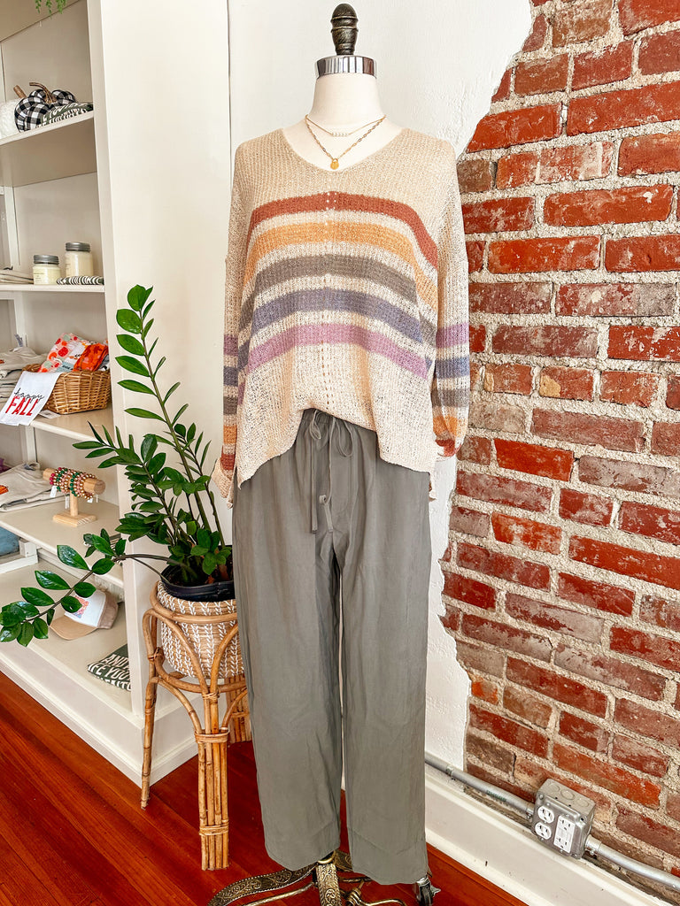 Breezy Rainbow Knit V-Neck Sweater - Natural-Pullover Sweater-Carolyn Jane's Jewelry