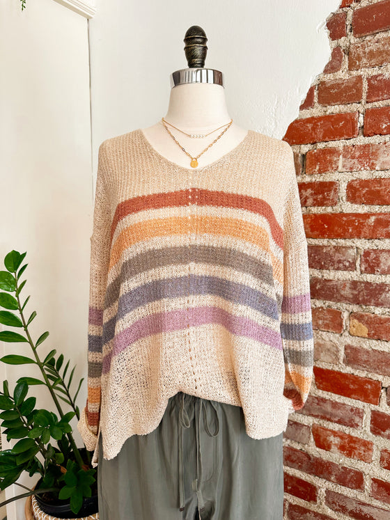 Breezy Rainbow Knit V-Neck Sweater - Natural-Pullover Sweater-Carolyn Jane's Jewelry