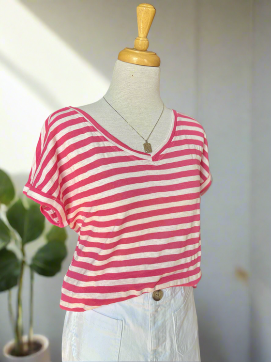 Breezy White and Hot Pink Stripe V-Neck Top-top-Carolyn Jane's Jewelry