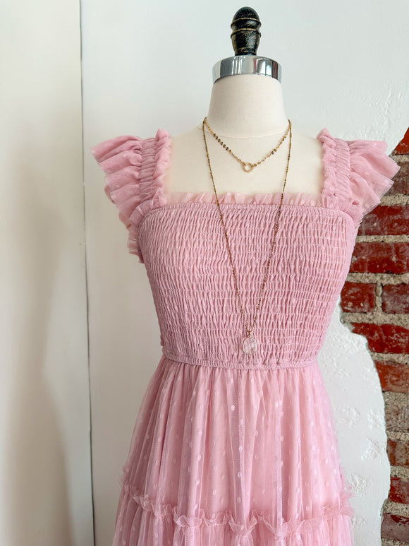 Charlette Polka Dot Chiffon Smocked Tiered Dress - Pink-Dress-Carolyn Jane's Jewelry