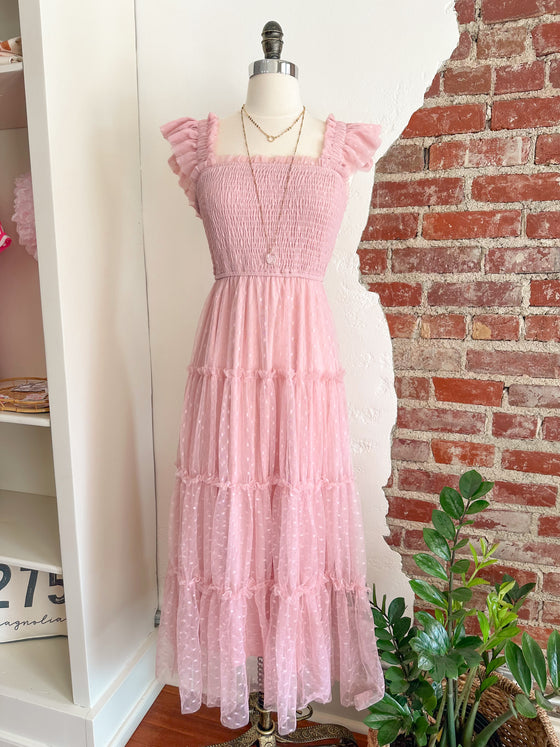 Charlette Polka Dot Chiffon Smocked Tiered Dress - Pink-Dress-Carolyn Jane's Jewelry