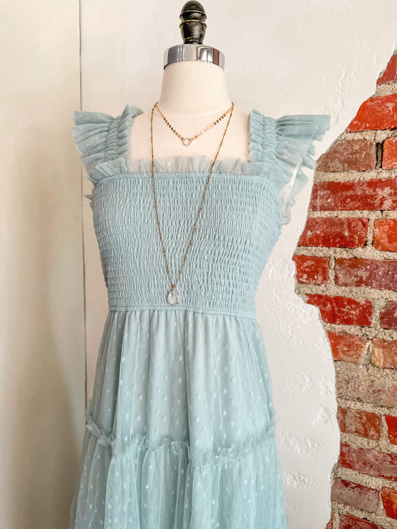 Charlette Polka Dot Chiffon Smocked Tiered Dress - Sage-Dress-Carolyn Jane's Jewelry