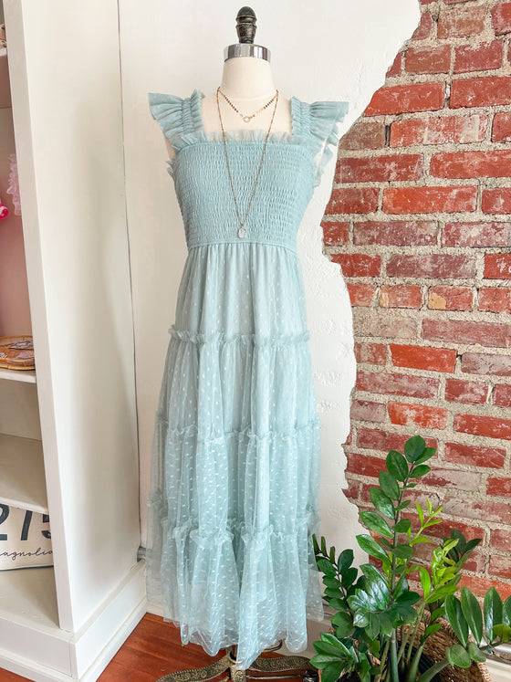 Charlette Polka Dot Chiffon Smocked Tiered Dress - Sage-Dress-Carolyn Jane's Jewelry