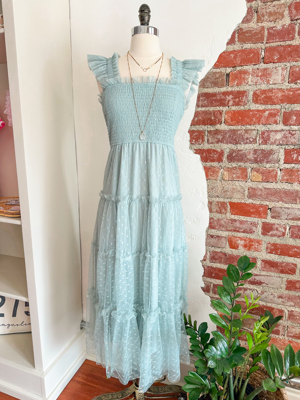 Charlette Polka Dot Chiffon Smocked Tiered Dress - Sage-Dress-Carolyn Jane's Jewelry