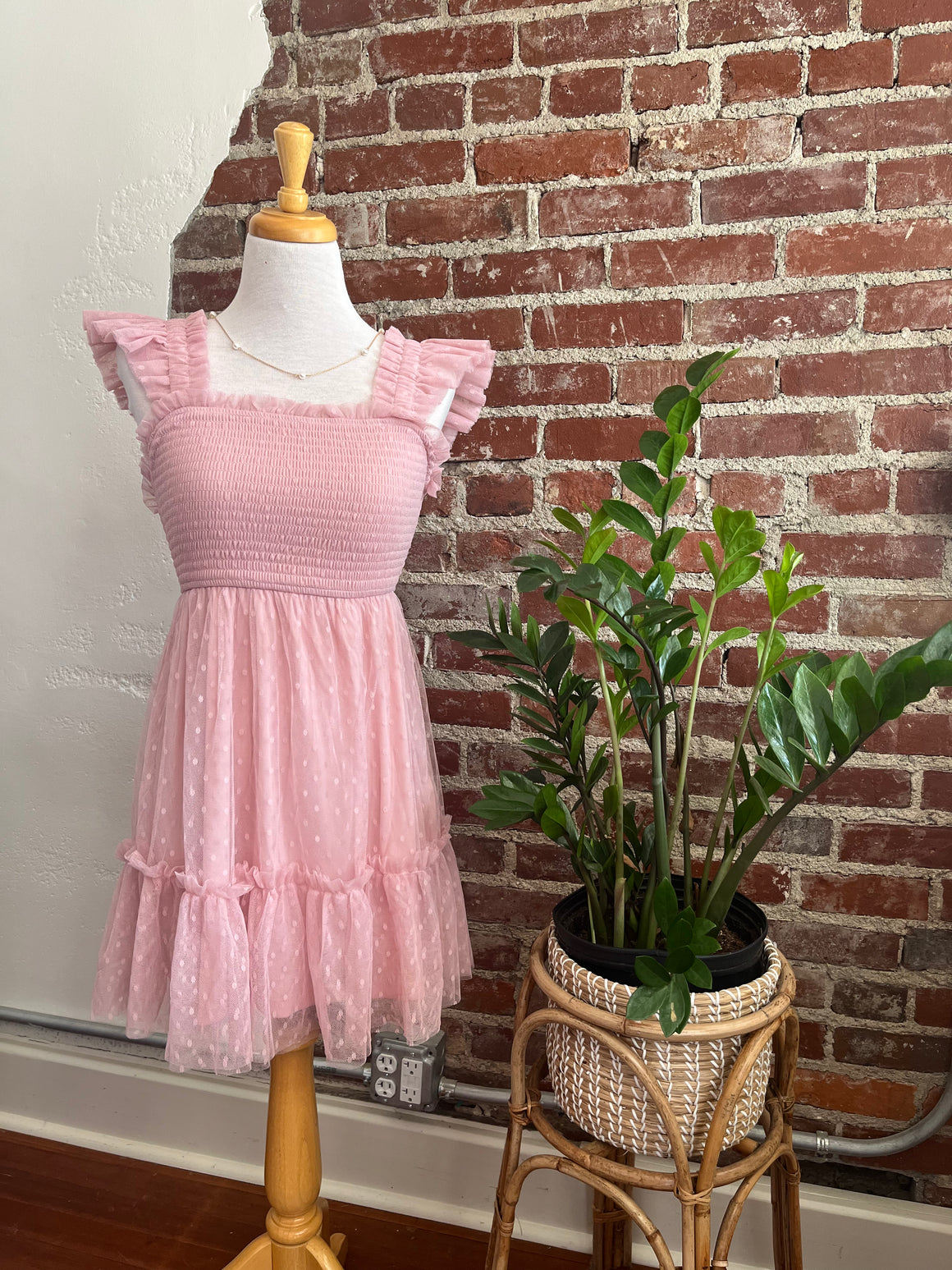 Charlette Polka Dot Chiffon Smocked Tiered Mini Dress - pink-Dress-Carolyn Jane's Jewelry