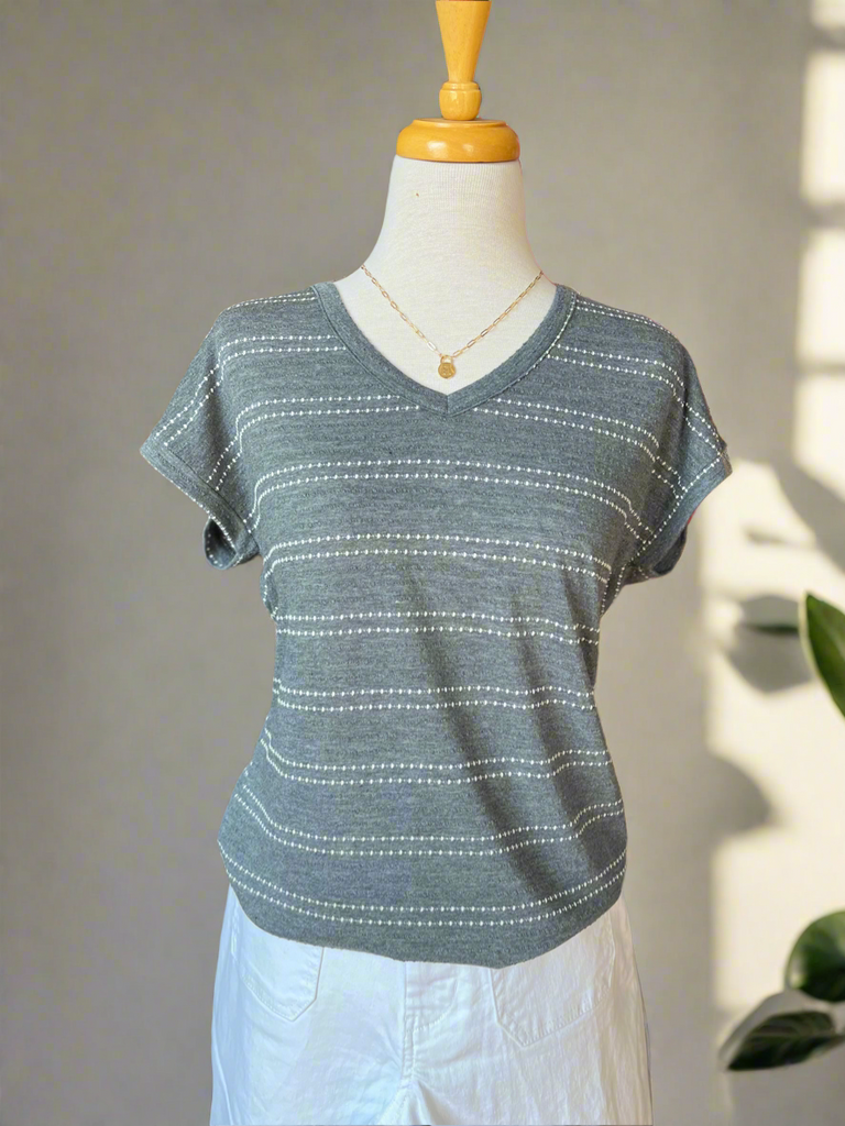 Charlie V-Neck Jacquard Striped Top - Charcoal-top-Carolyn Jane's Jewelry