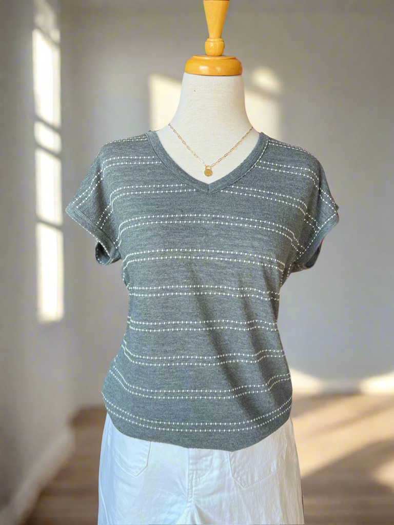 Charlie V-Neck Jacquard Striped Top - Charcoal-top-Carolyn Jane's Jewelry