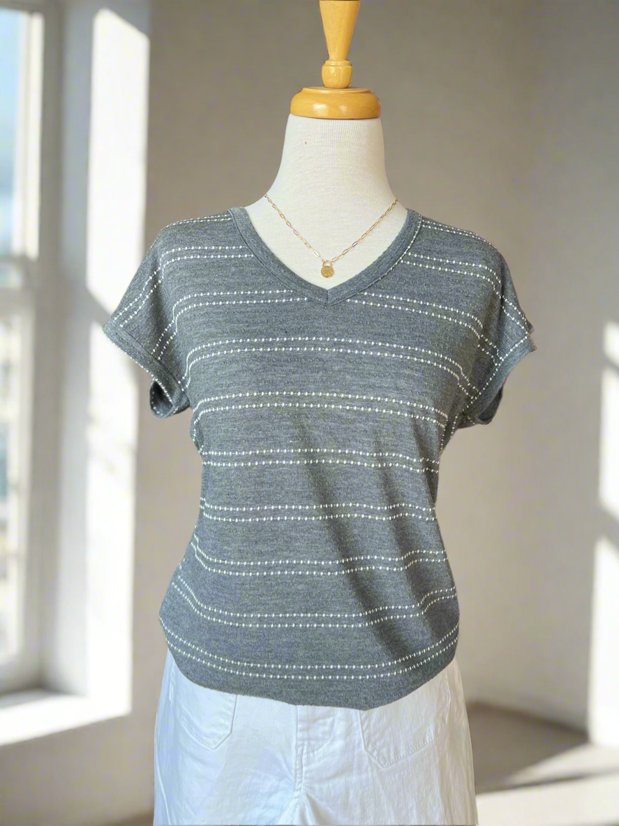 Charlie V-Neck Jacquard Striped Top - Charcoal-top-Carolyn Jane's Jewelry