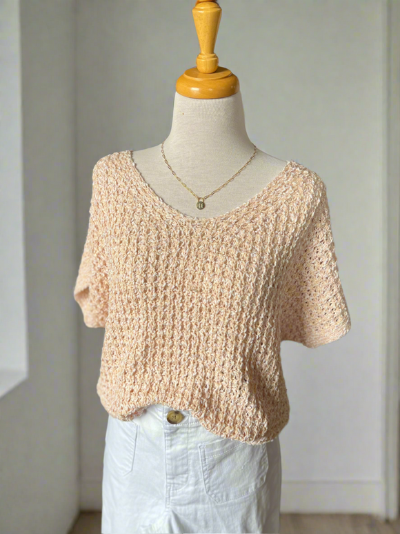 Cora Crochet Short Sleeve Sweater Top - Light Coral-sweater top-Carolyn Jane's Jewelry