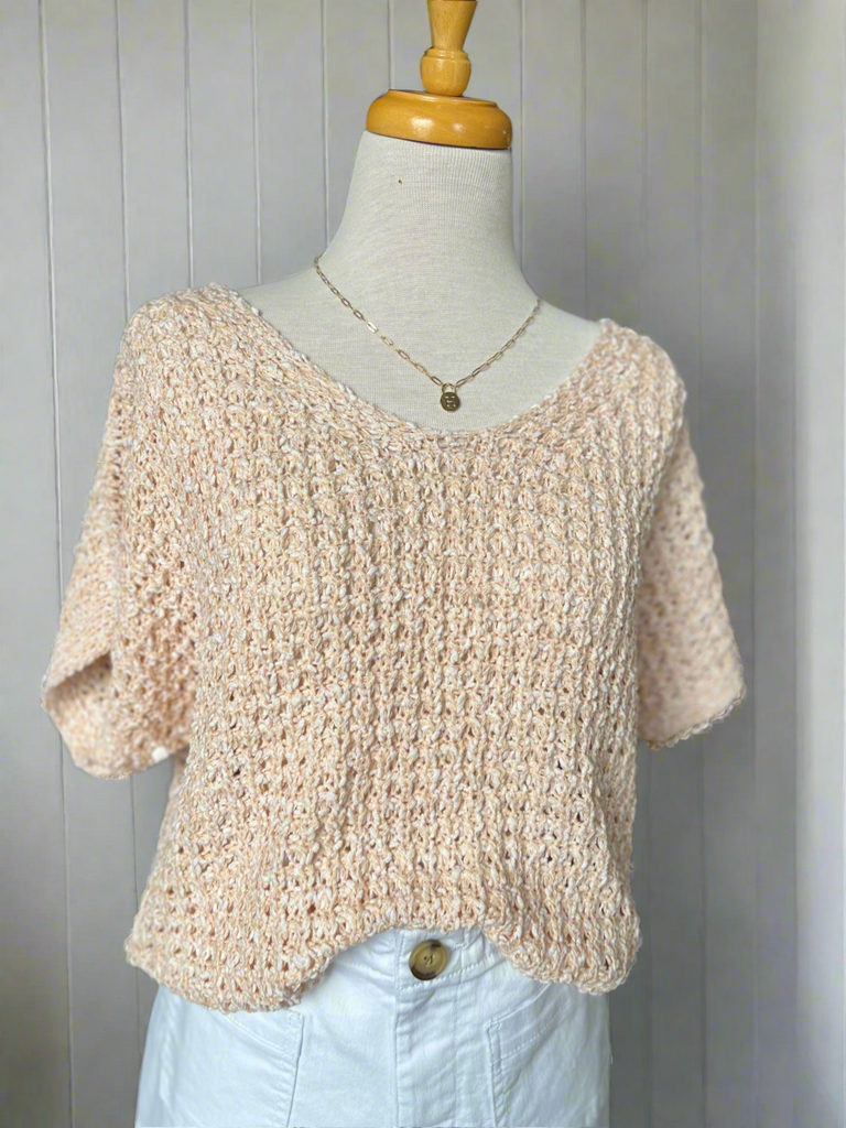 Cora Crochet Short Sleeve Sweater Top - Light Coral-sweater top-Carolyn Jane's Jewelry