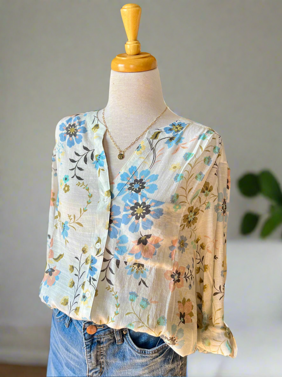 Daisy Floral Button up Blouse - Ivory-Button Up top-Carolyn Jane's Jewelry