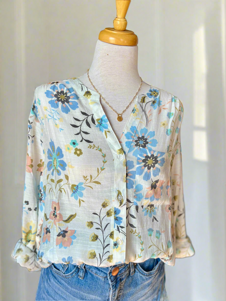 Daisy Floral Button up Blouse - Ivory-Button Up top-Carolyn Jane's Jewelry