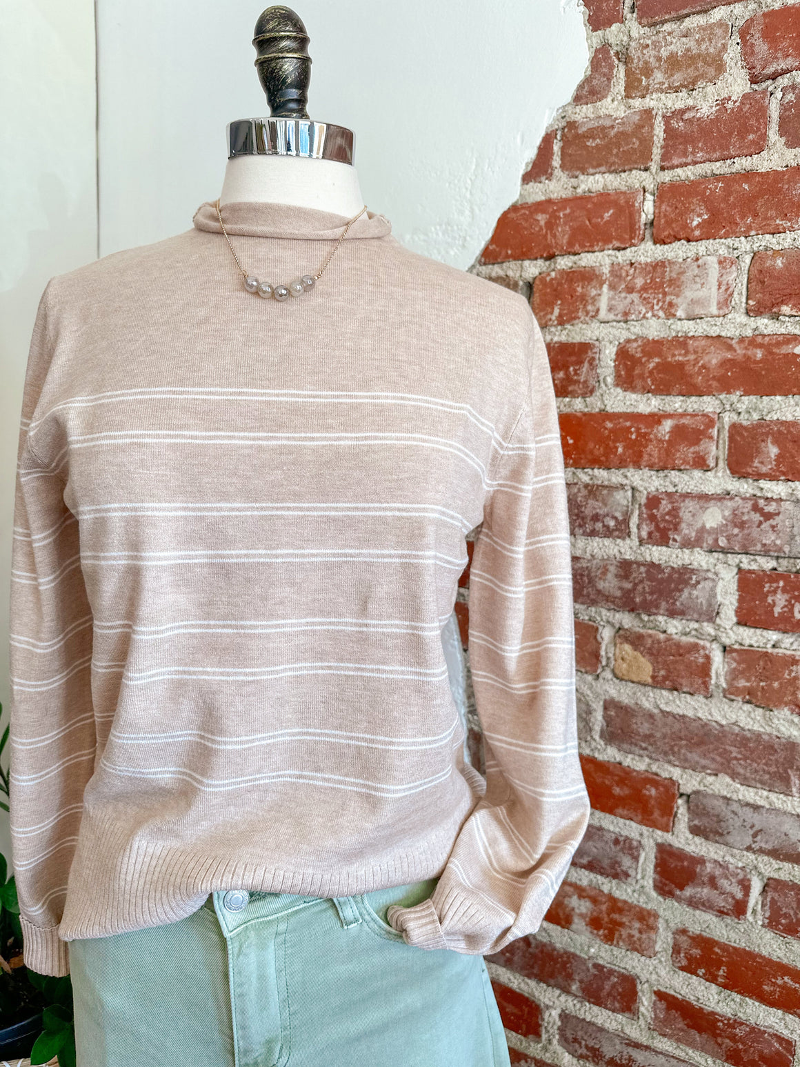 Dara Double stripe Mock Sweater - Oatmeal-sweater-Carolyn Jane's Jewelry