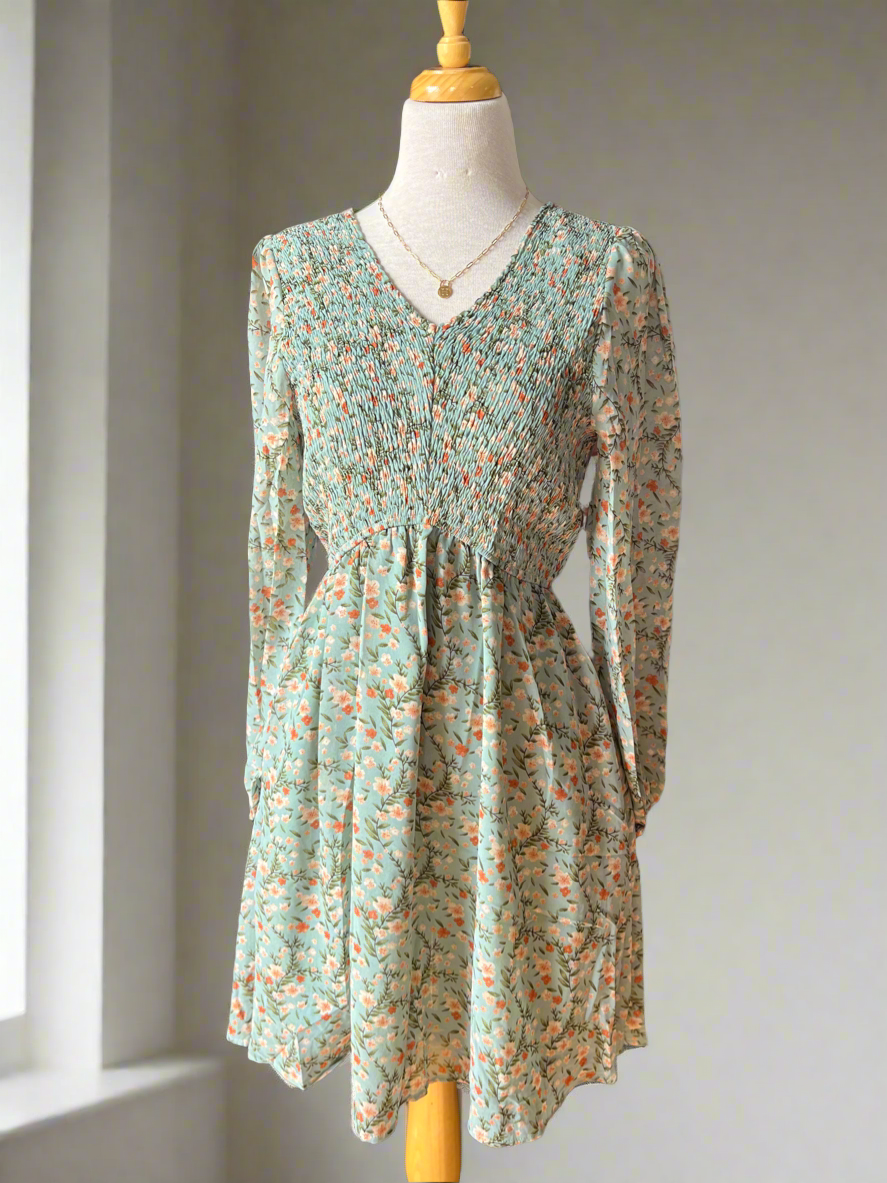 Elizabeth Floral V-Neck Smocked Dress - Soft Sage-dress-Carolyn Jane's Jewelry