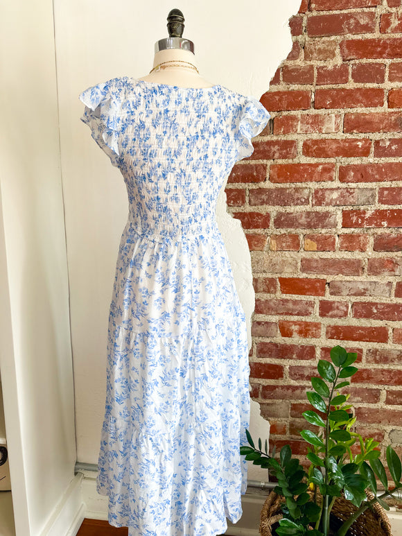 Ella Flutter Sleeve Floral Spring Dress - Blue-dress-Carolyn Jane's Jewelry