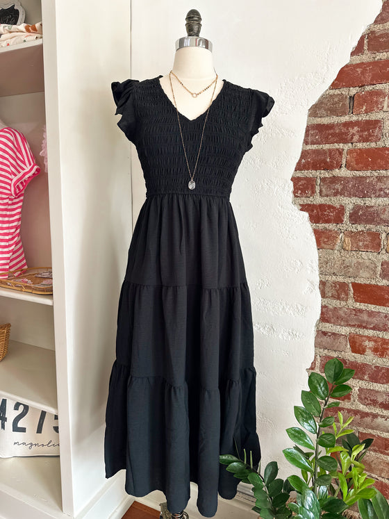Ella Flutter Sleeve Spring Dress - Black-dress-Carolyn Jane's Jewelry