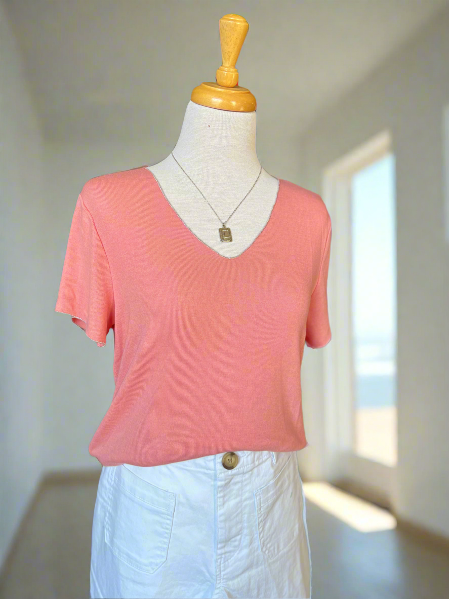 Emma V-Neck Knit Top - Coral-top-Carolyn Jane's Jewelry