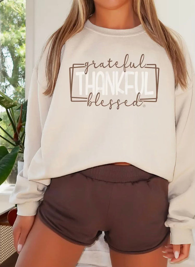 Grateful Thankful Blessed Sweatshirt - Stone-Sweatshirt-Carolyn Jane's Jewelry