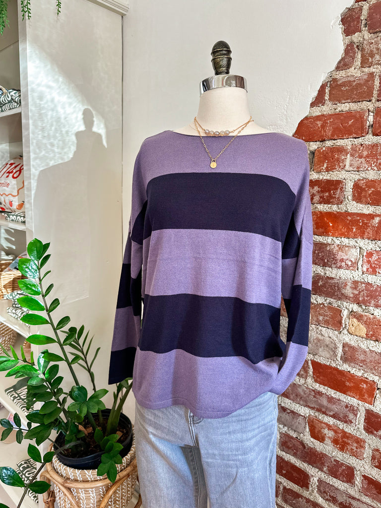 Helen Striped Long Sleeve Sweater - Navy and Purple-sweaterr-Carolyn Jane's Jewelry