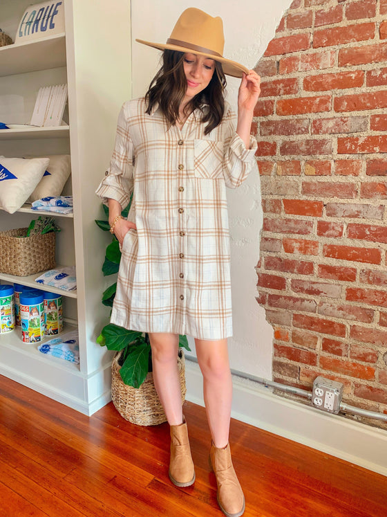 Ivory Plaid Button Up Shacket Dress-Dresses-Carolyn Jane's Jewelry