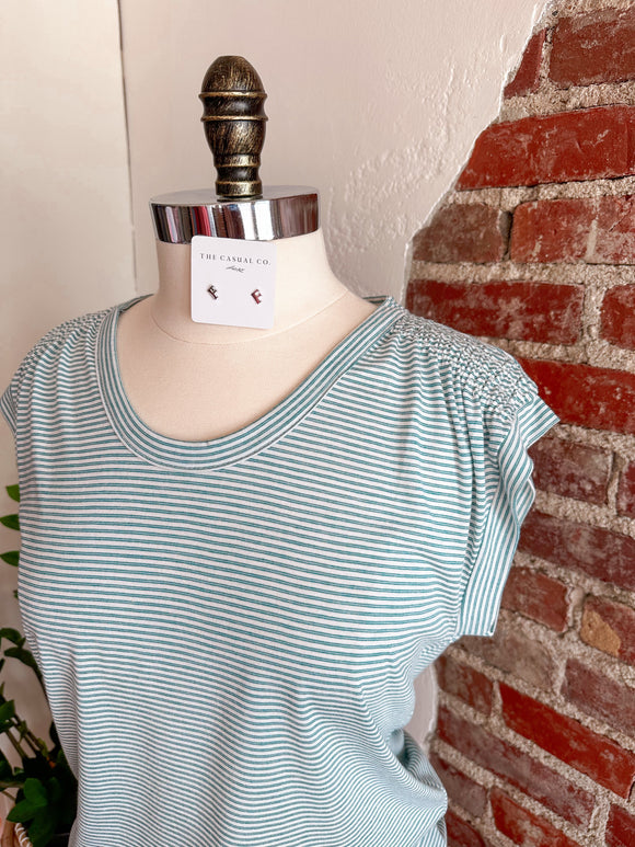 Jade Pin Striped Smocked Shoulder Sleeveless Top-Carolyn Jane's Jewelry