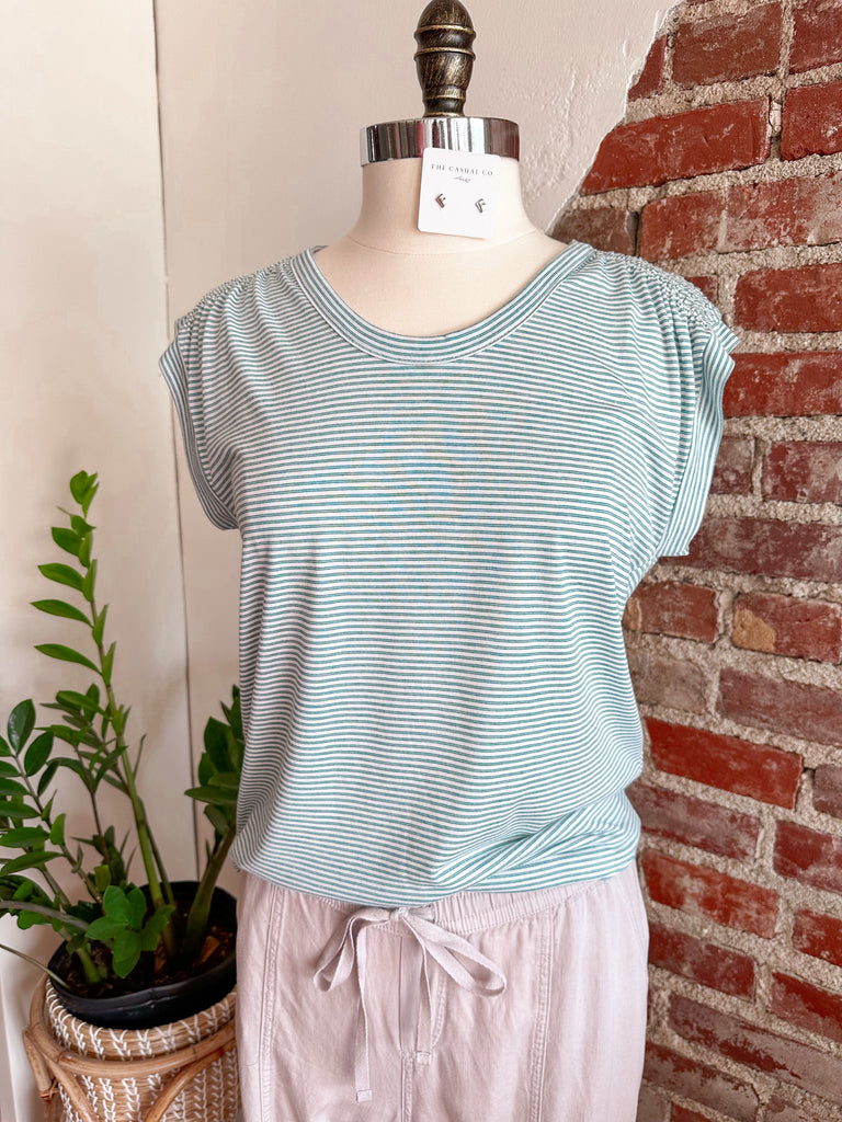 Jade Pin Striped Smocked Shoulder Sleeveless Top-Carolyn Jane's Jewelry