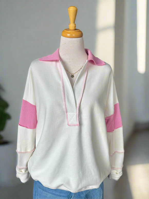 Jenna Pink and White Oversized Sweatshirt-sweashirt-Carolyn Jane's Jewelry