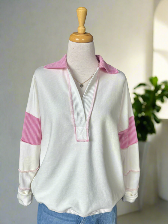 Jenna Pink and White Oversized Sweatshirt-sweashirt-Carolyn Jane's Jewelry