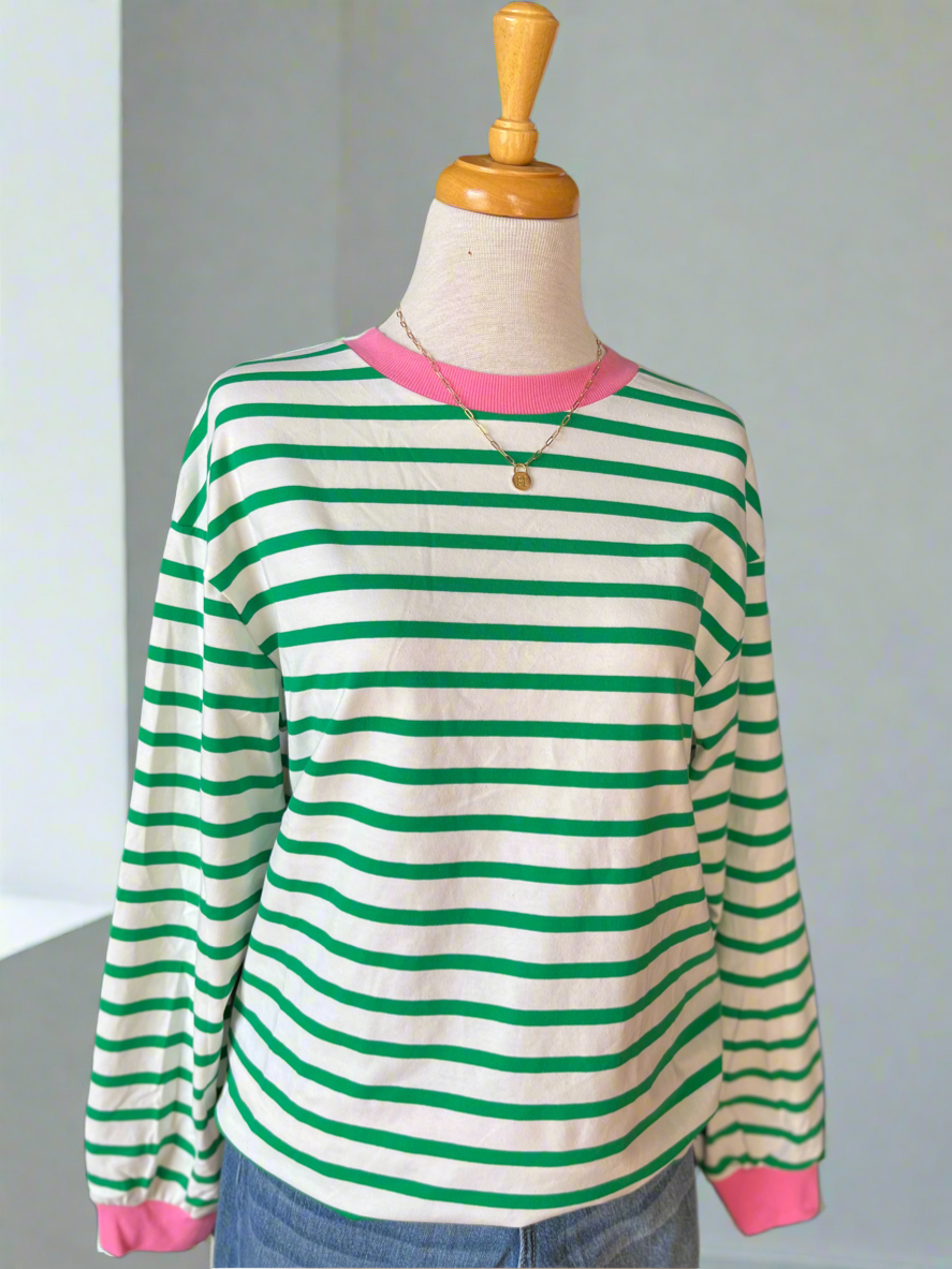 Jolie Striped White and Green Top-Top-Carolyn Jane's Jewelry