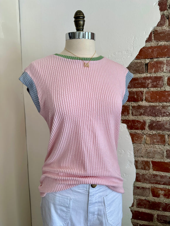 Kai Color Block Ribbed Cap Sleeve Top - Pink-Top-Carolyn Jane's Jewelry