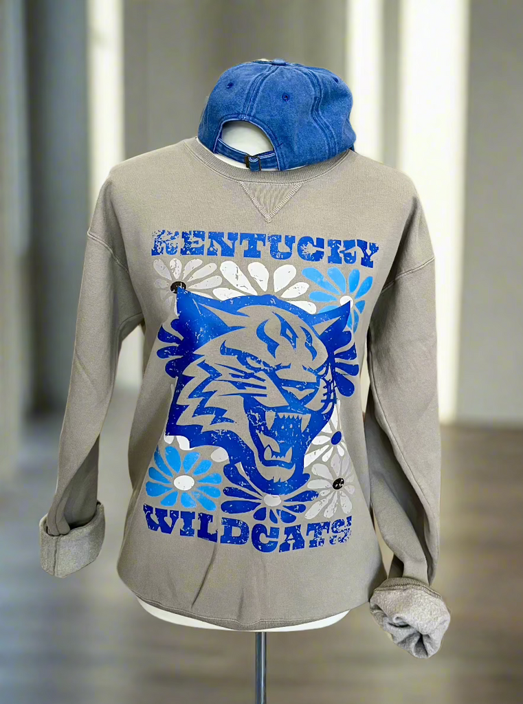 Kentucky Wildcat Flower Power Sweatshirt - Grey-Sweatshirt-Carolyn Jane's Jewelry