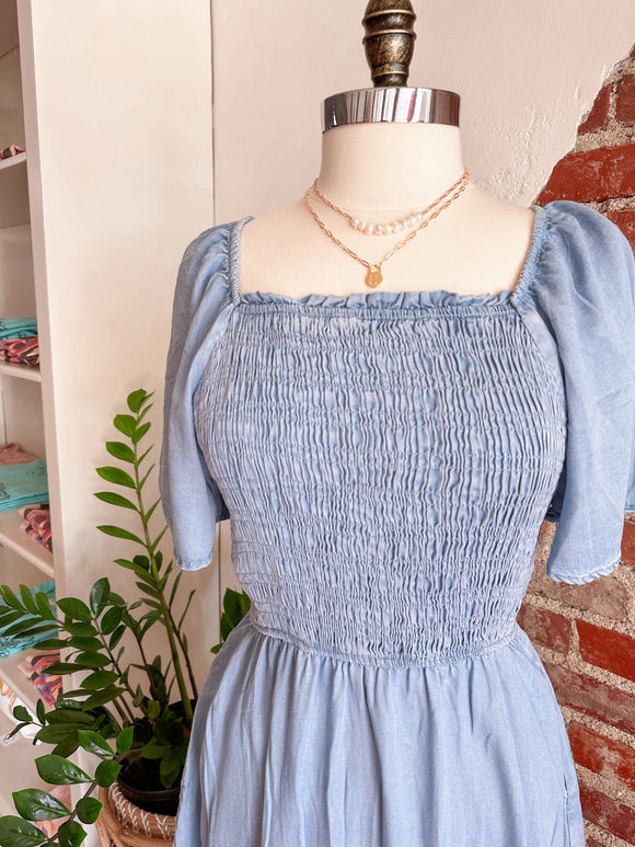 Kira Denim Short Sleeve Smock Dress - Light Blue-Carolyn Jane's Jewelry