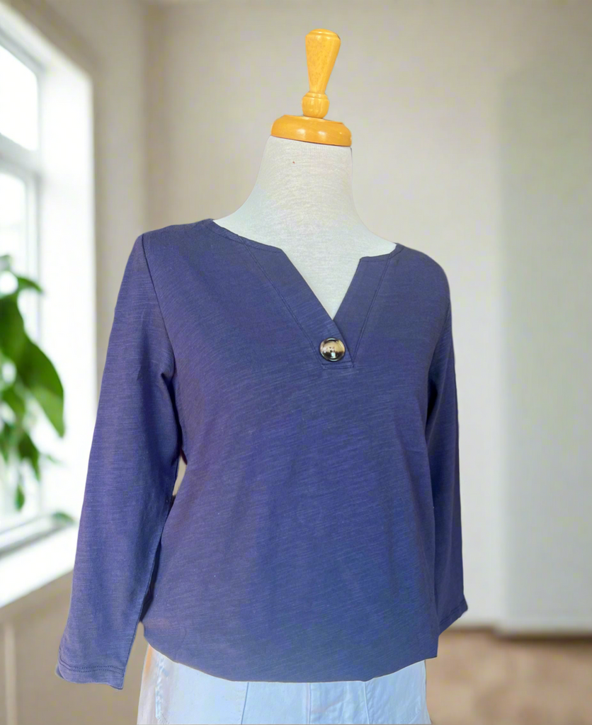 Lana Big Button V-Neck Top - Navy-top-Carolyn Jane's Jewelry