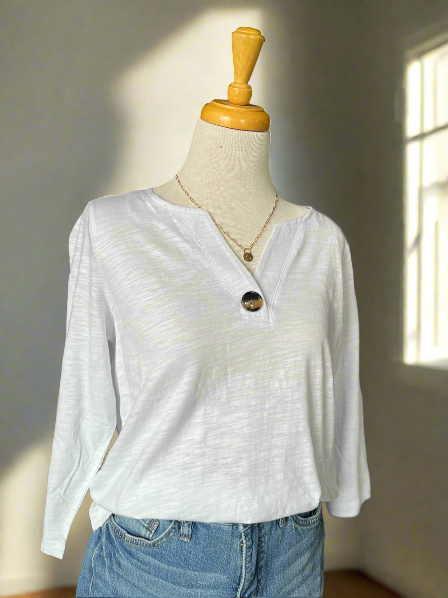 Lana Big Button V-Neck Top - White-top-Carolyn Jane's Jewelry