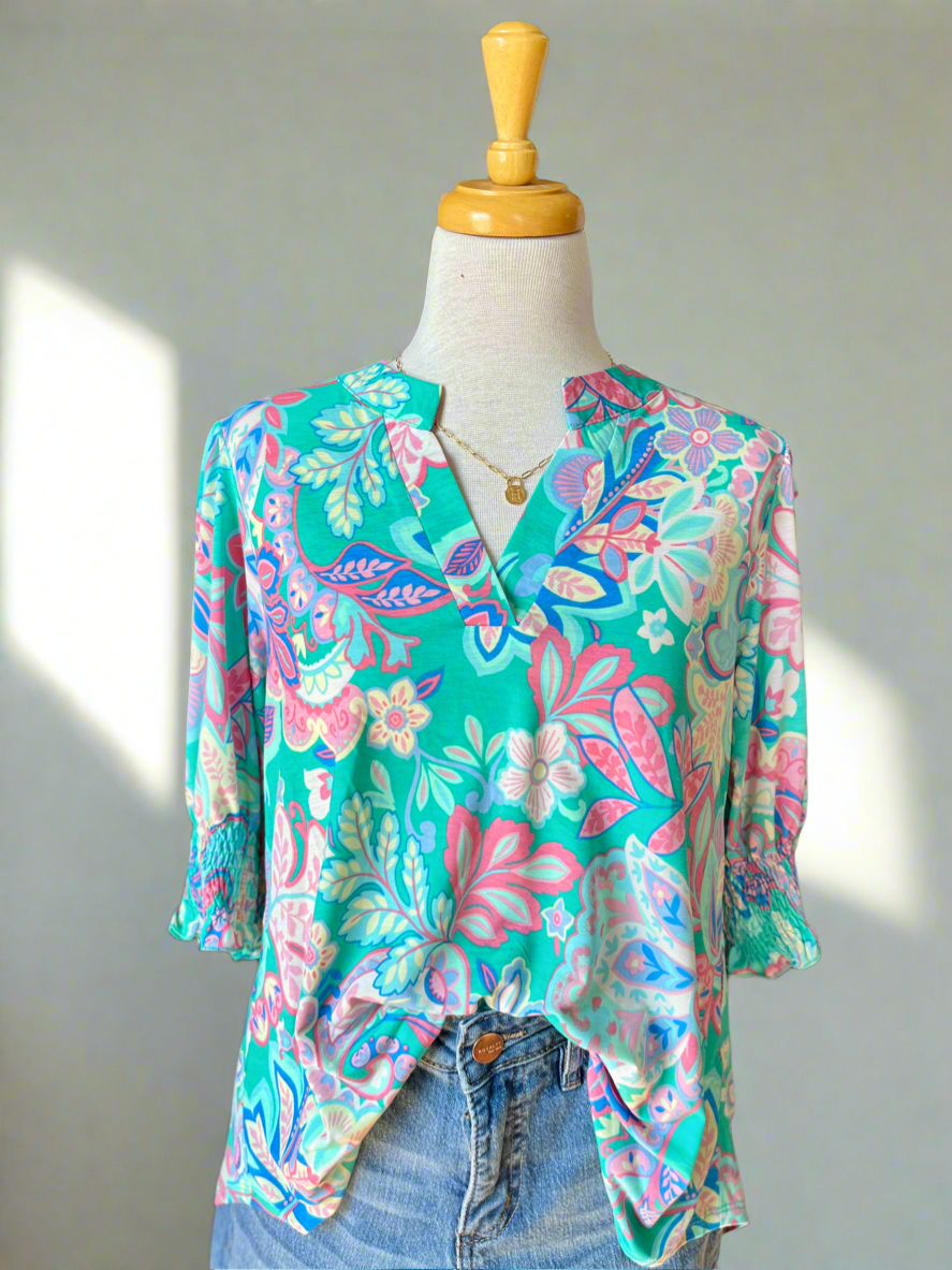 Lauren Spring Floral Top - Aqua-Top-Carolyn Jane's Jewelry