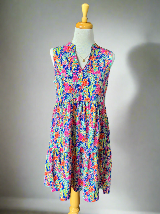 Lily Wrinkle Free Sleeveless Dress - Blue Floral-DRESS-Carolyn Jane's Jewelry