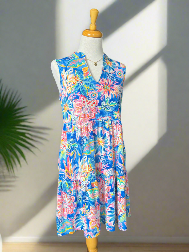 Lily Wrinkle Free Sleeveless Dress - Royal Floral-DRESS-Carolyn Jane's Jewelry