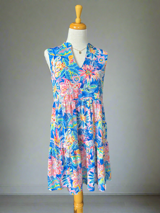 Lily Wrinkle Free Sleeveless Dress - Royal Floral-DRESS-Carolyn Jane's Jewelry