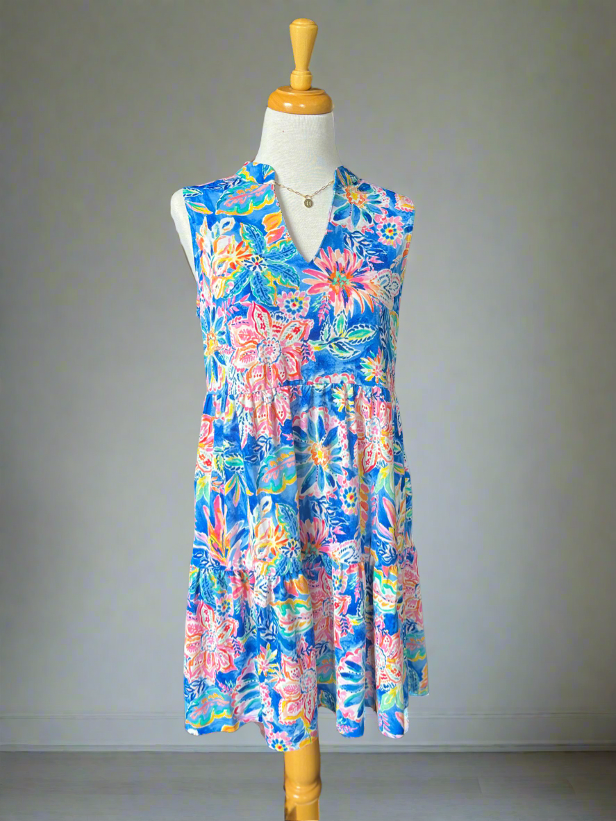 Lily Wrinkle Free Sleeveless Dress - Royal Floral-DRESS-Carolyn Jane's Jewelry