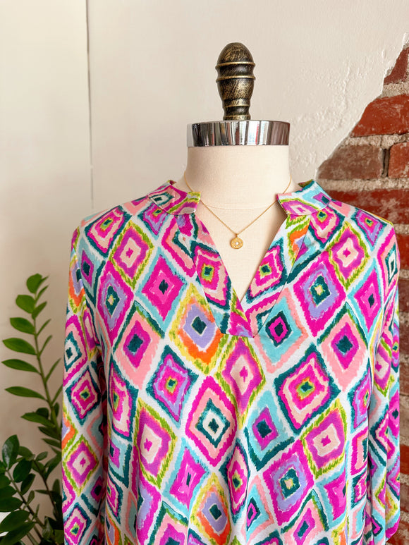 Lizzy V-Neck 3/4 Sleeve Abstract Top - Multi Color Diamond-Top-Carolyn Jane's Jewelry