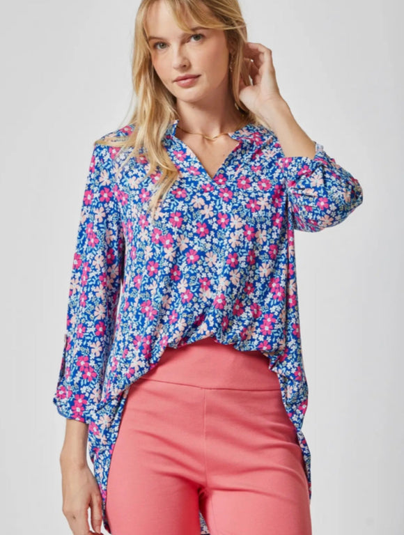 Lizzy V-Neck 3/4 Sleeve Floral Top - Royal Blue-Top-Carolyn Jane's Jewelry