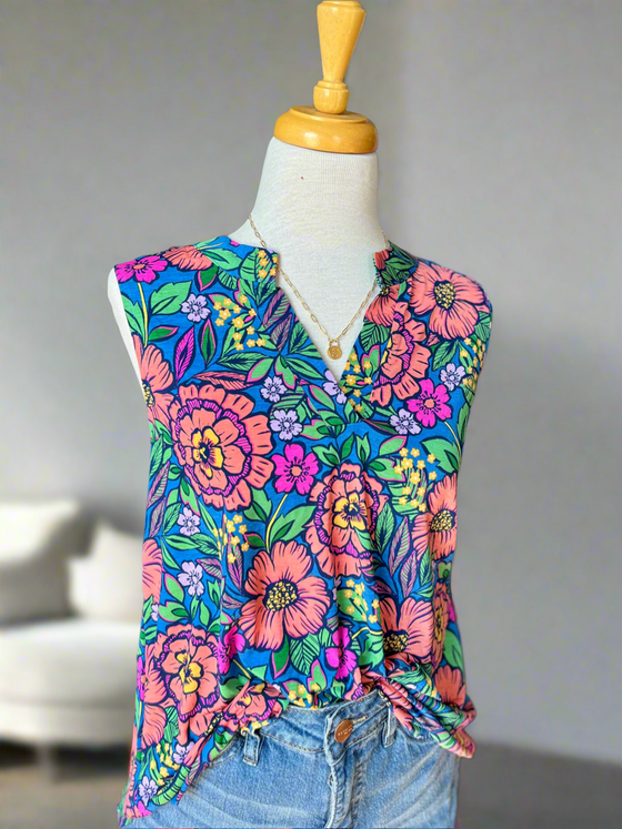 Lola Floral Sleeveless Top - Blue-Top-Carolyn Jane's Jewelry